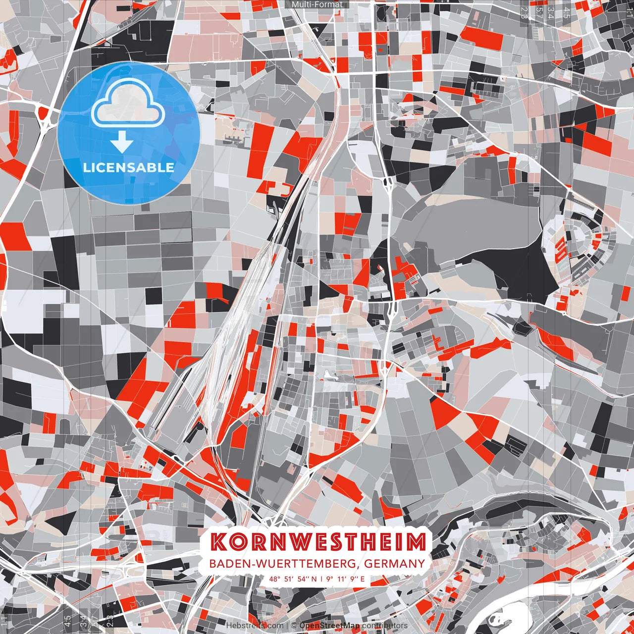 Kornwestheim, Baden-Wuerttemberg, Germany - modern street map poster template with gray and red tones