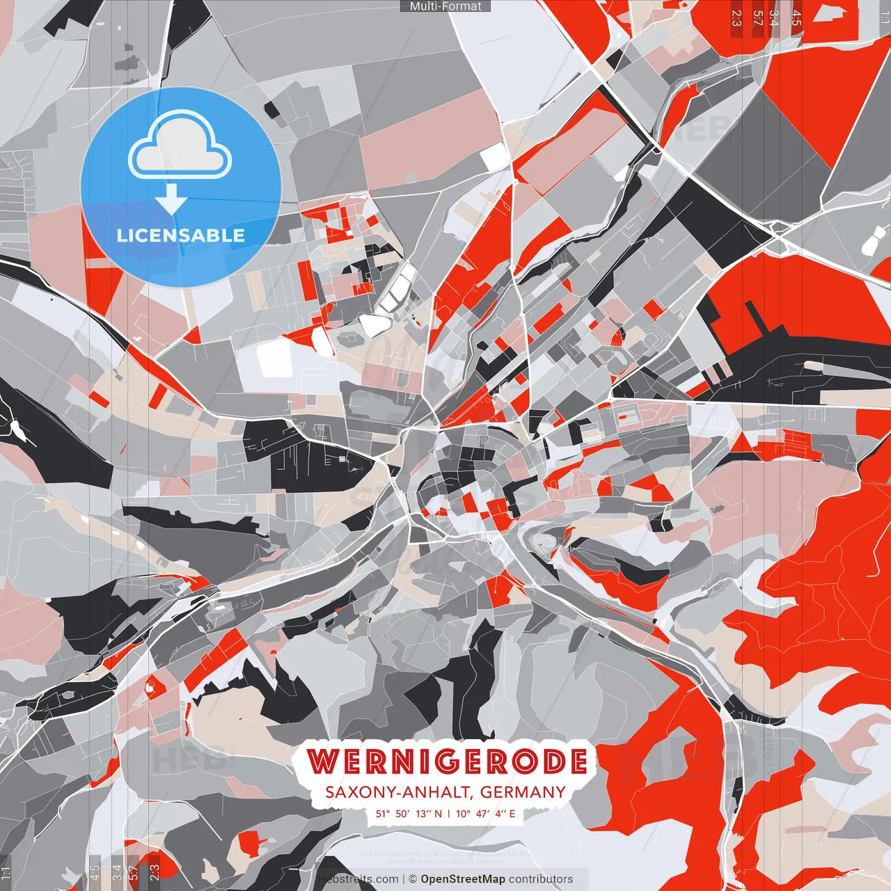 Wernigerode, Saxony-Anhalt, Germany - modern street map poster template with gray and red tones