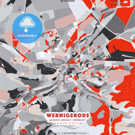 Wernigerode, Saxony-Anhalt, Germany - modern street map poster template with gray and red tones