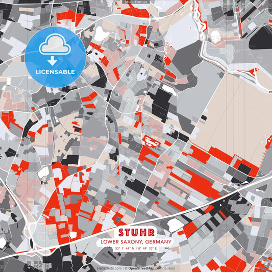 Stuhr, Lower Saxony, Germany - modern street map poster template with gray and red tones