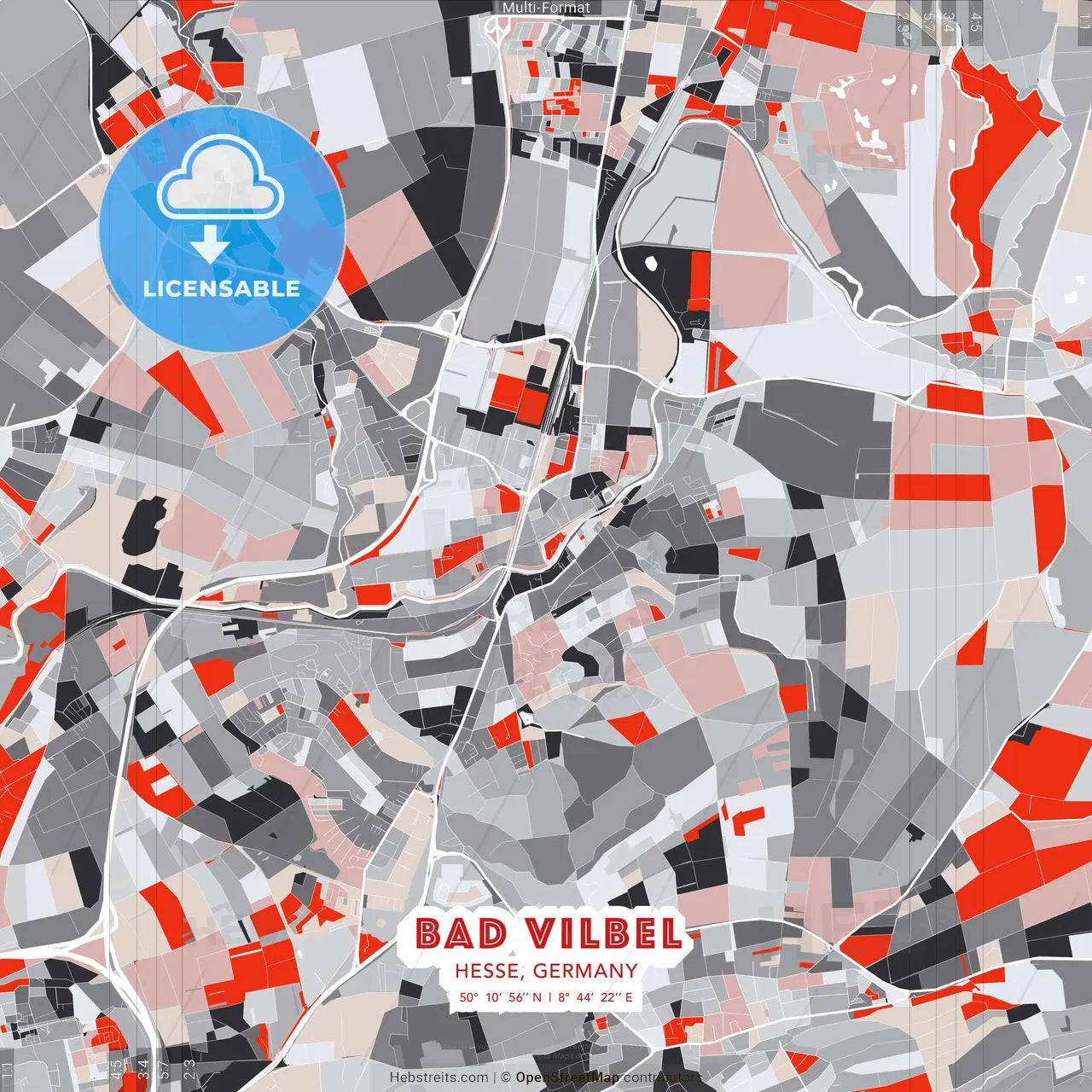Bad Vilbel, Hesse, Germany - modern street map poster template with gray and red tones