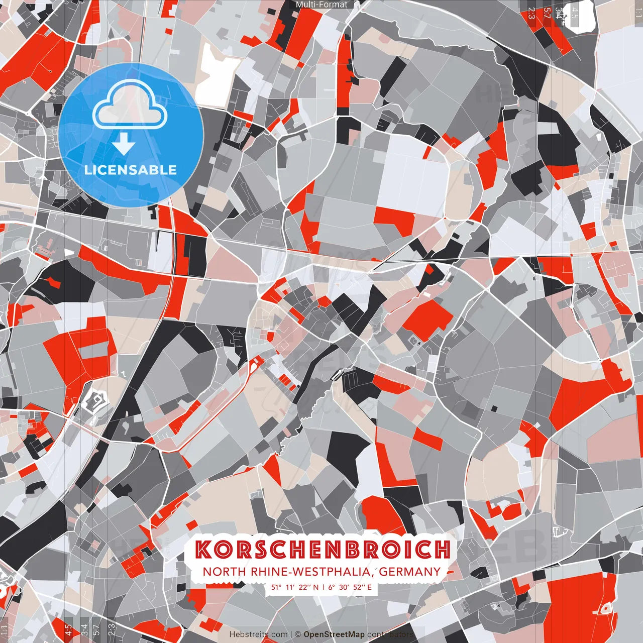 Korschenbroich, North Rhine-Westphalia, Germany - modern street map poster template with gray and red tones