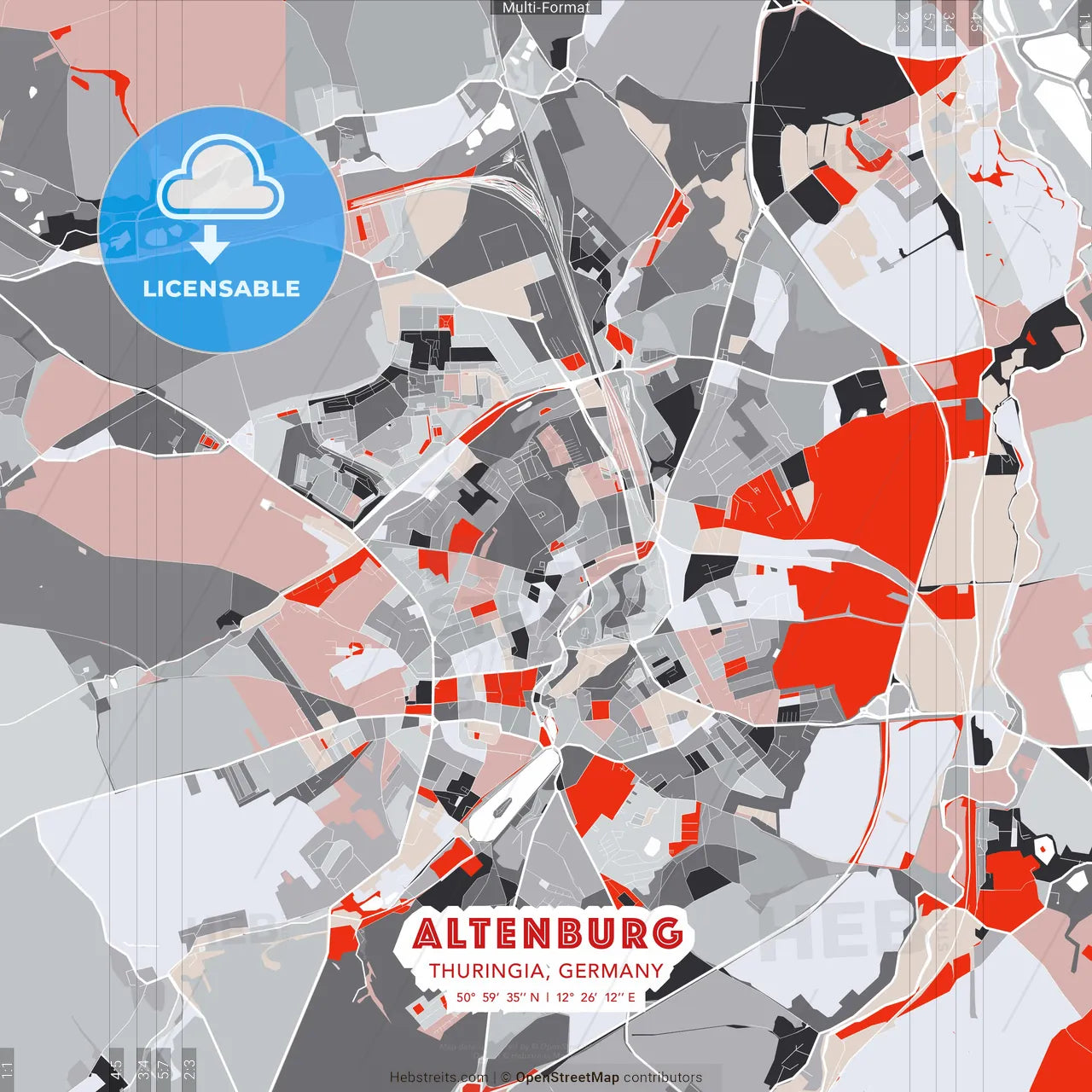 Altenburg, Thuringia, Germany - modern street map poster template with gray and red tones