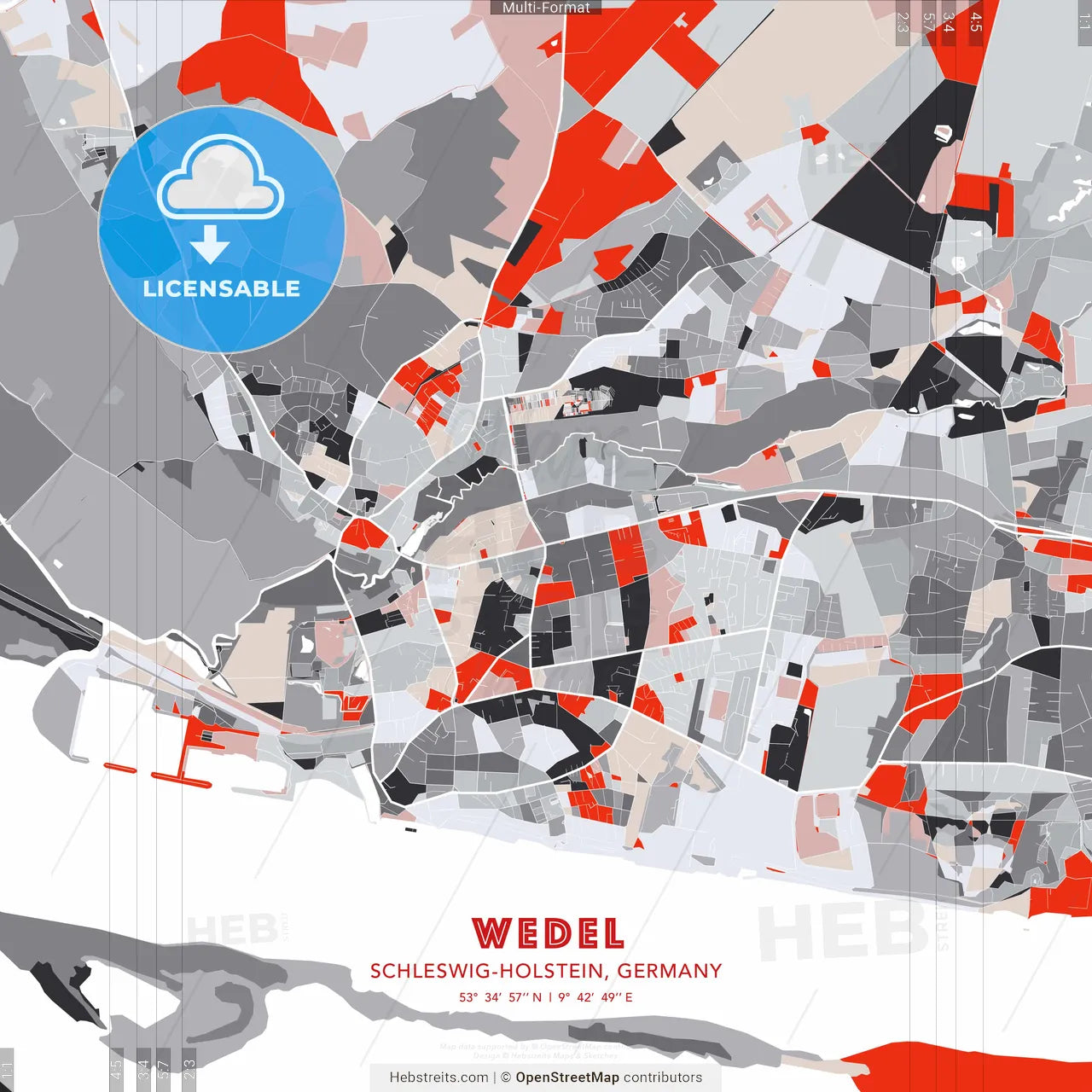 Wedel, Schleswig-Holstein, Germany - modern street map poster template with gray and red tones