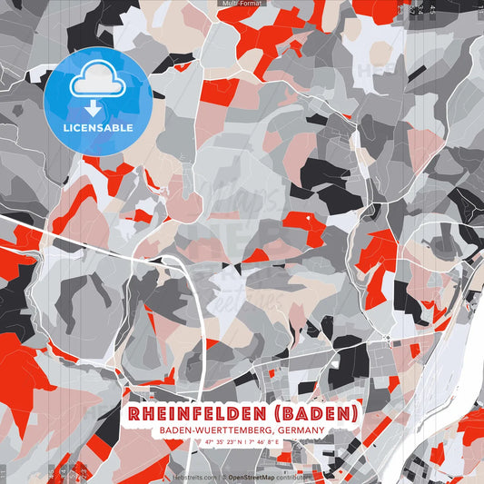 Rheinfelden (Baden), Baden-Wuerttemberg, Germany - modern street map poster template with gray and red tones
