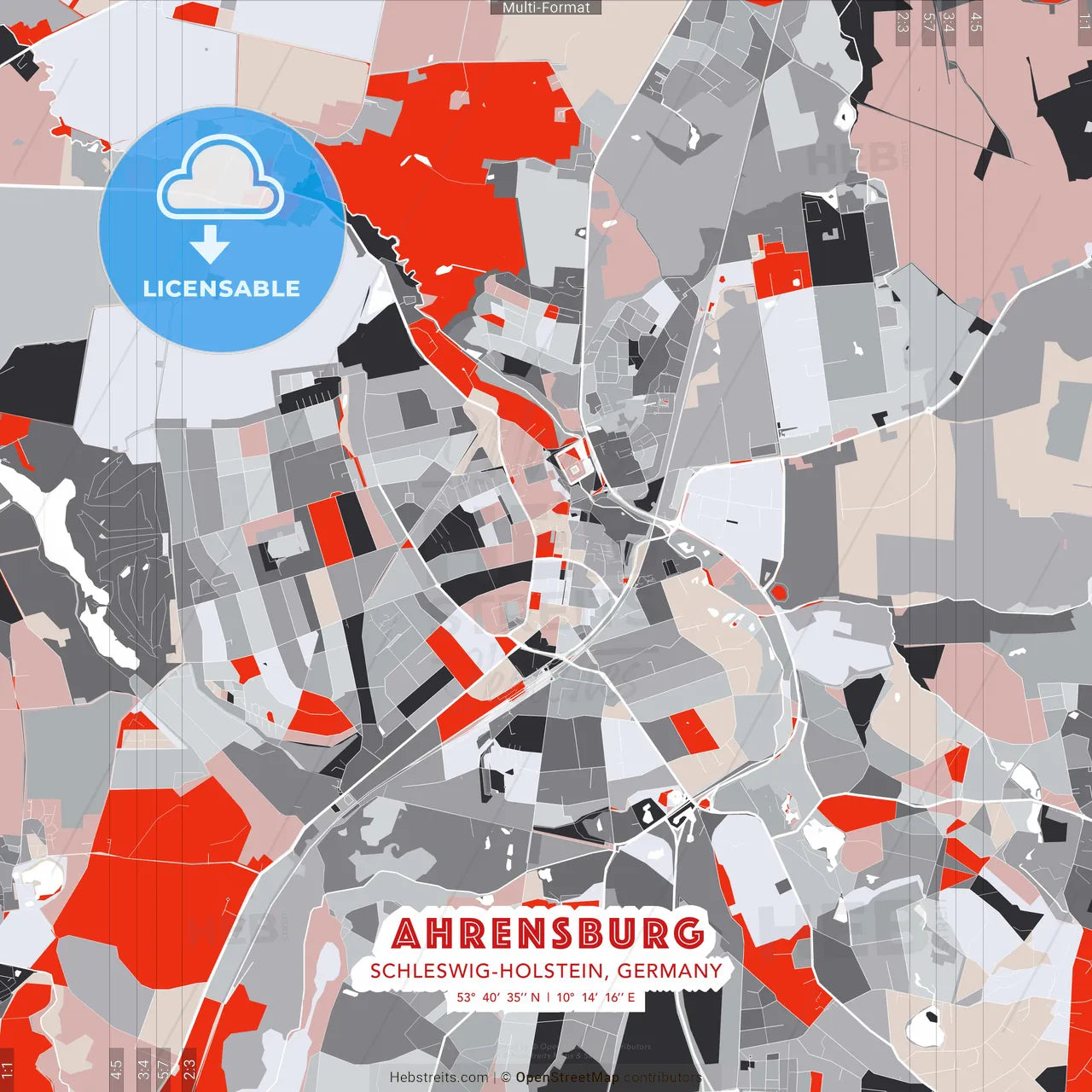 Ahrensburg, Schleswig-Holstein, Germany - modern street map poster template with gray and red tones