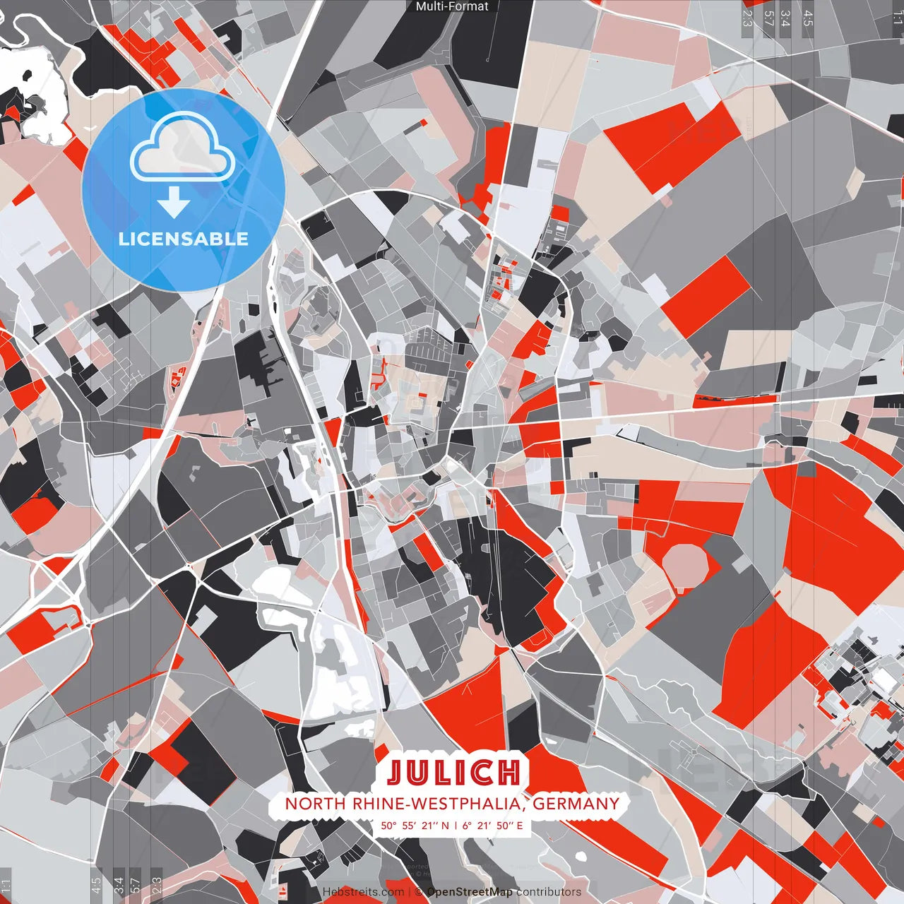 Julich, North Rhine-Westphalia, Germany - modern street map poster template with gray and red tones