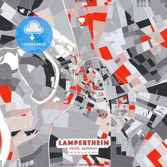 Lampertheim, Hesse, Germany - modern street map poster template with gray and red tones