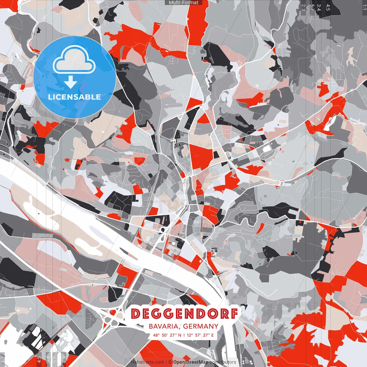 Deggendorf, Bavaria, Germany - modern street map poster template with gray and red tones
