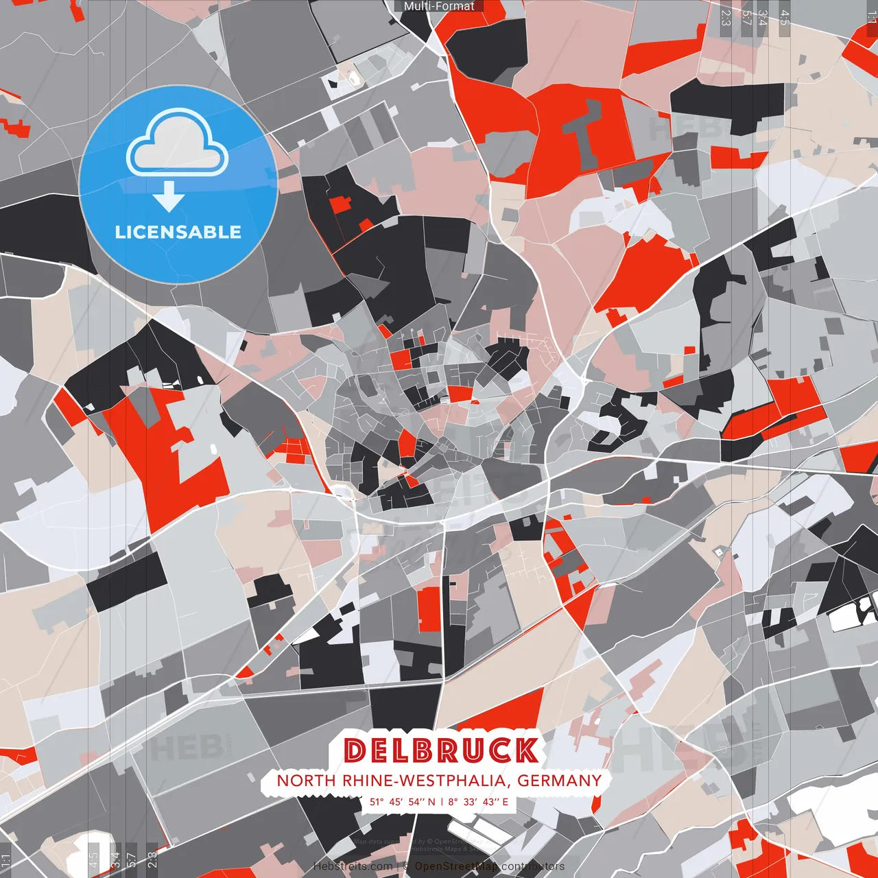 Delbruck, North Rhine-Westphalia, Germany - modern street map poster template with gray and red tones