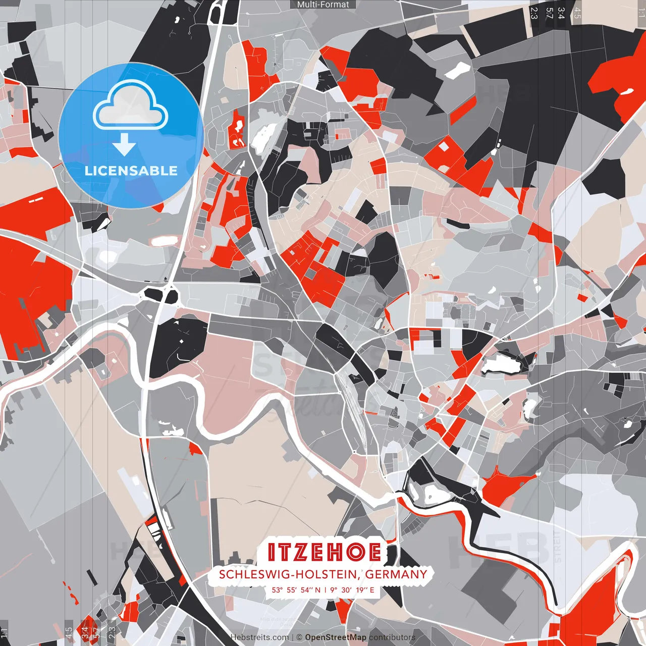Itzehoe, Schleswig-Holstein, Germany - modern street map poster template with gray and red tones