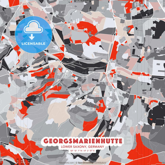 Georgsmarienhutte, Lower Saxony, Germany - modern street map poster template with gray and red tones