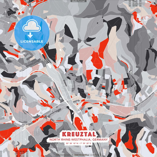 Kreuztal, North Rhine-Westphalia, Germany - modern street map poster template with gray and red tones