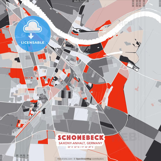 Schonebeck, Saxony-Anhalt, Germany - modern street map poster template with gray and red tones