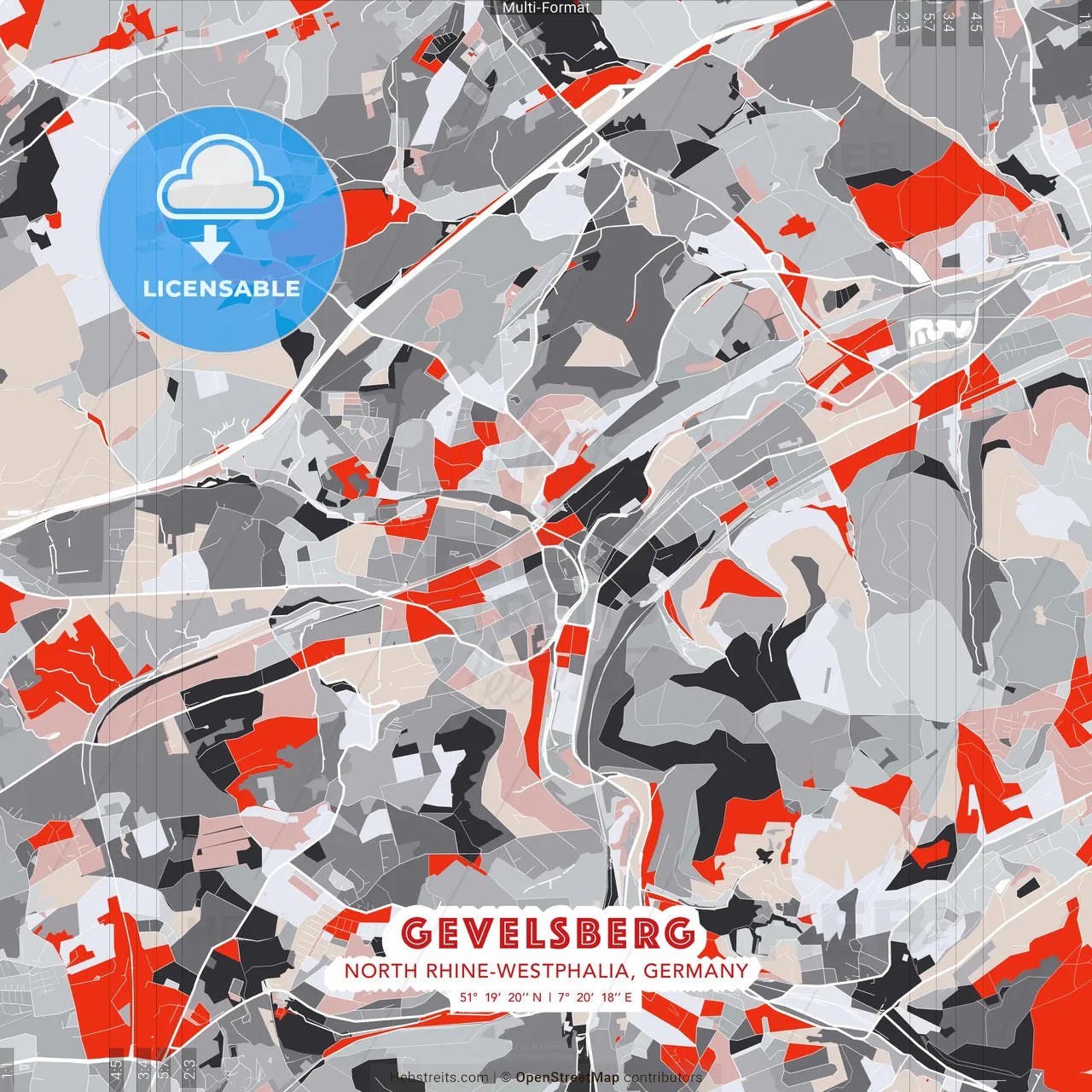 Gevelsberg, North Rhine-Westphalia, Germany - modern street map poster template with gray and red tones