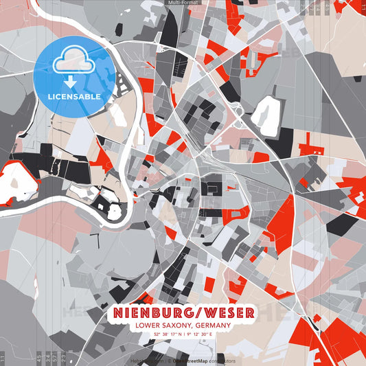 Nienburg/Weser, Lower Saxony, Germany - modern street map poster template with gray and red tones