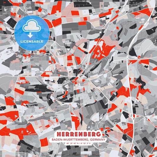 Herrenberg, Baden-Wuerttemberg, Germany - modern street map poster template with gray and red tones