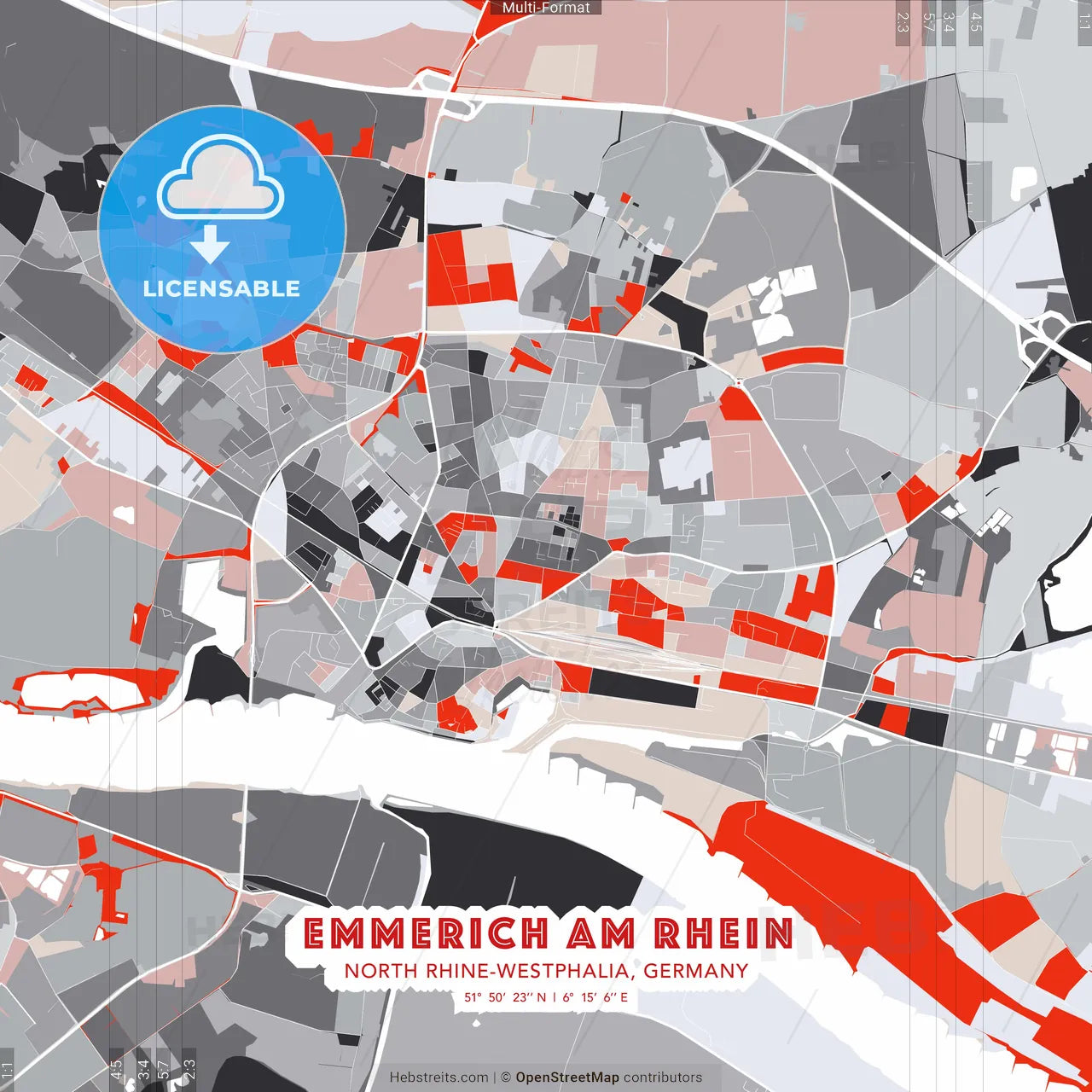 Emmerich am Rhein, North Rhine-Westphalia, Germany - modern street map poster template with gray and red tones