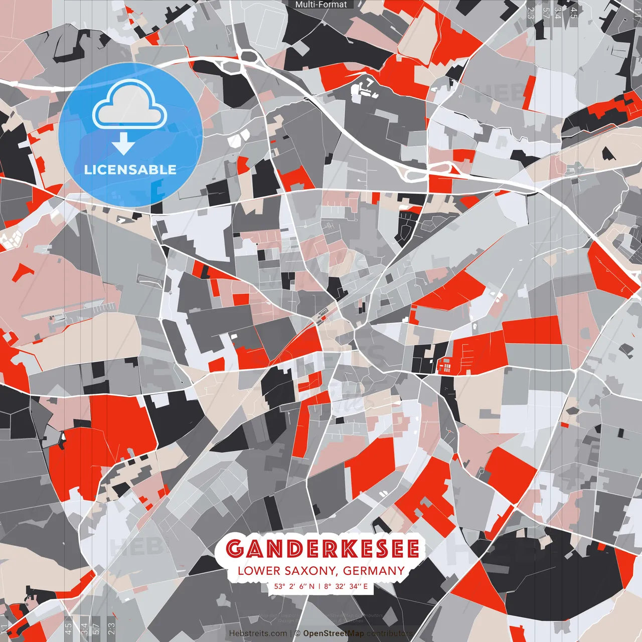 Ganderkesee, Lower Saxony, Germany - modern street map poster template with gray and red tones