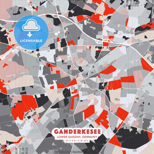 Ganderkesee, Lower Saxony, Germany - modern street map poster template with gray and red tones