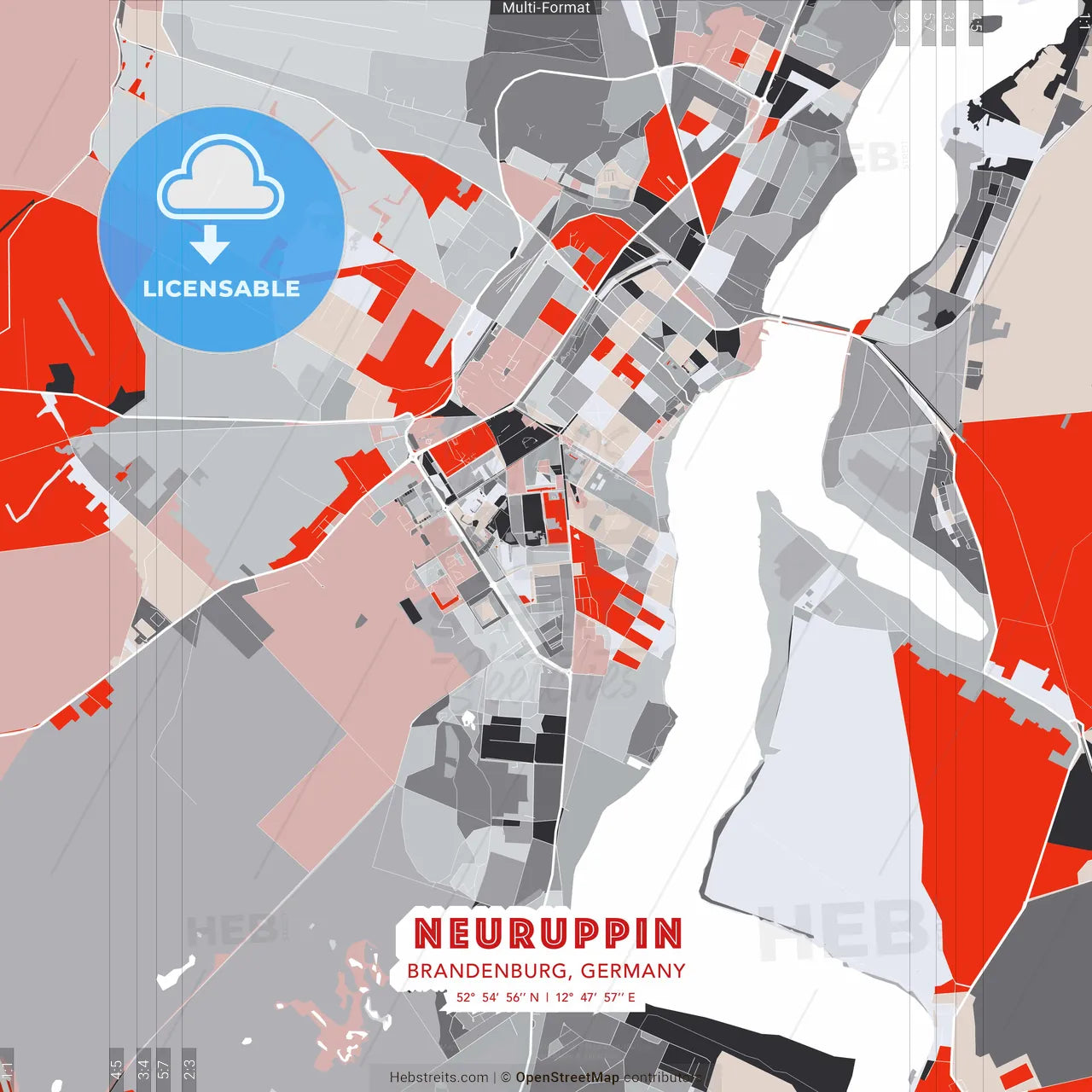Neuruppin, Brandenburg, Germany - modern street map poster template with gray and red tones