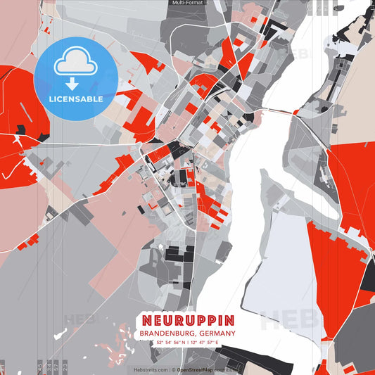 Neuruppin, Brandenburg, Germany - modern street map poster template with gray and red tones