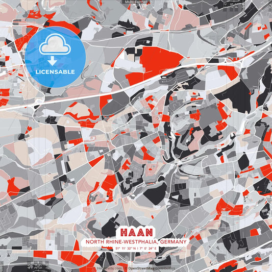 Haan, North Rhine-Westphalia, Germany - modern street map poster template with gray and red tones