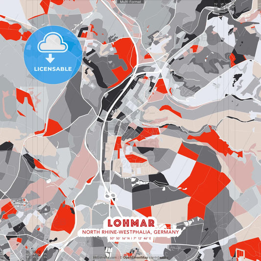 Lohmar, North Rhine-Westphalia, Germany - modern street map poster template with gray and red tones