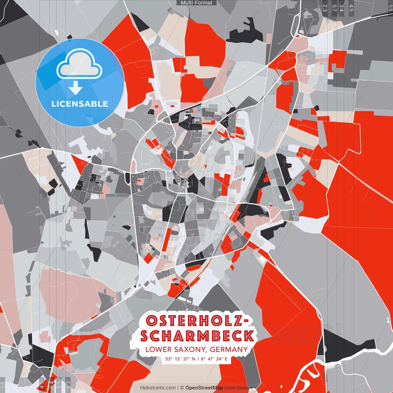 Osterholz-Scharmbeck, Lower Saxony, Germany - modern street map poster template with gray and red tones