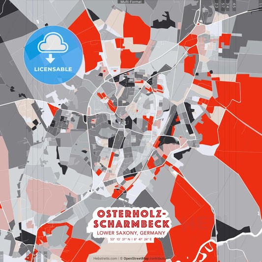 Osterholz-Scharmbeck, Lower Saxony, Germany - modern street map poster template with gray and red tones