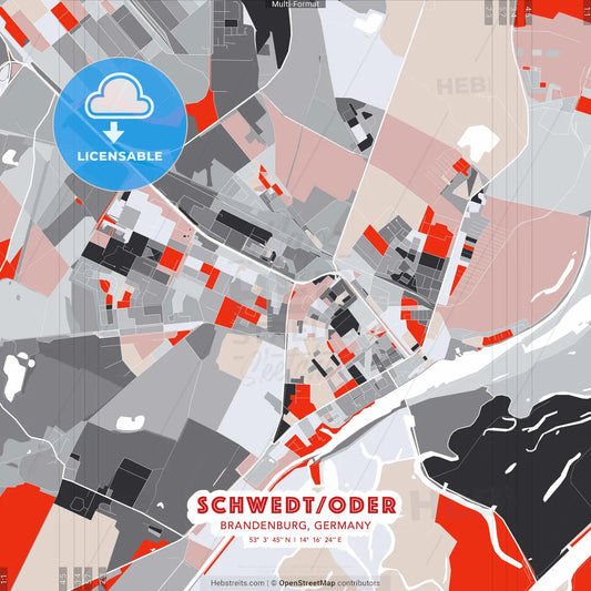 Schwedt/Oder, Brandenburg, Germany - modern street map poster template with gray and red tones