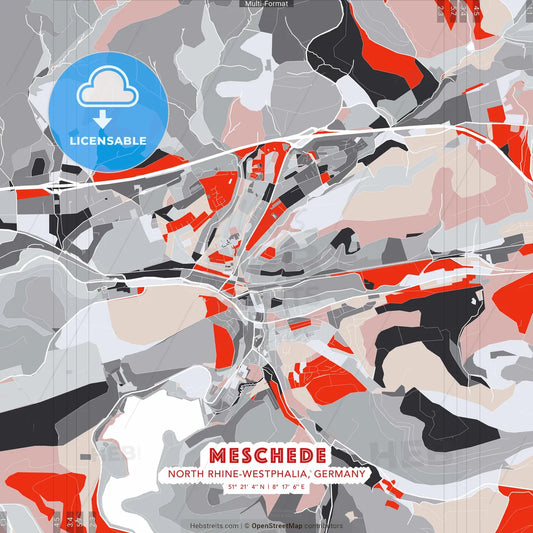 Meschede, North Rhine-Westphalia, Germany - modern street map poster template with gray and red tones