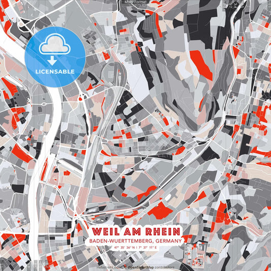 Weil am Rhein, Baden-Wuerttemberg, Germany - modern street map poster template with gray and red tones