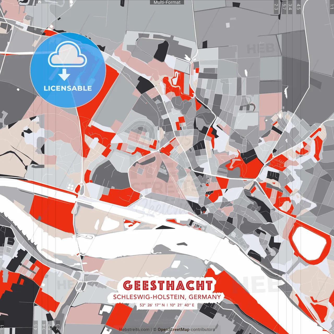 Geesthacht, Schleswig-Holstein, Germany - modern street map poster template with gray and red tones