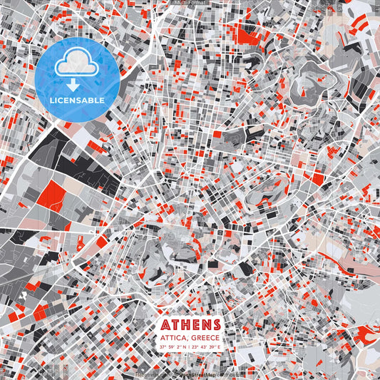Athens, Attica, Greece - modern street map poster template with gray and red tones