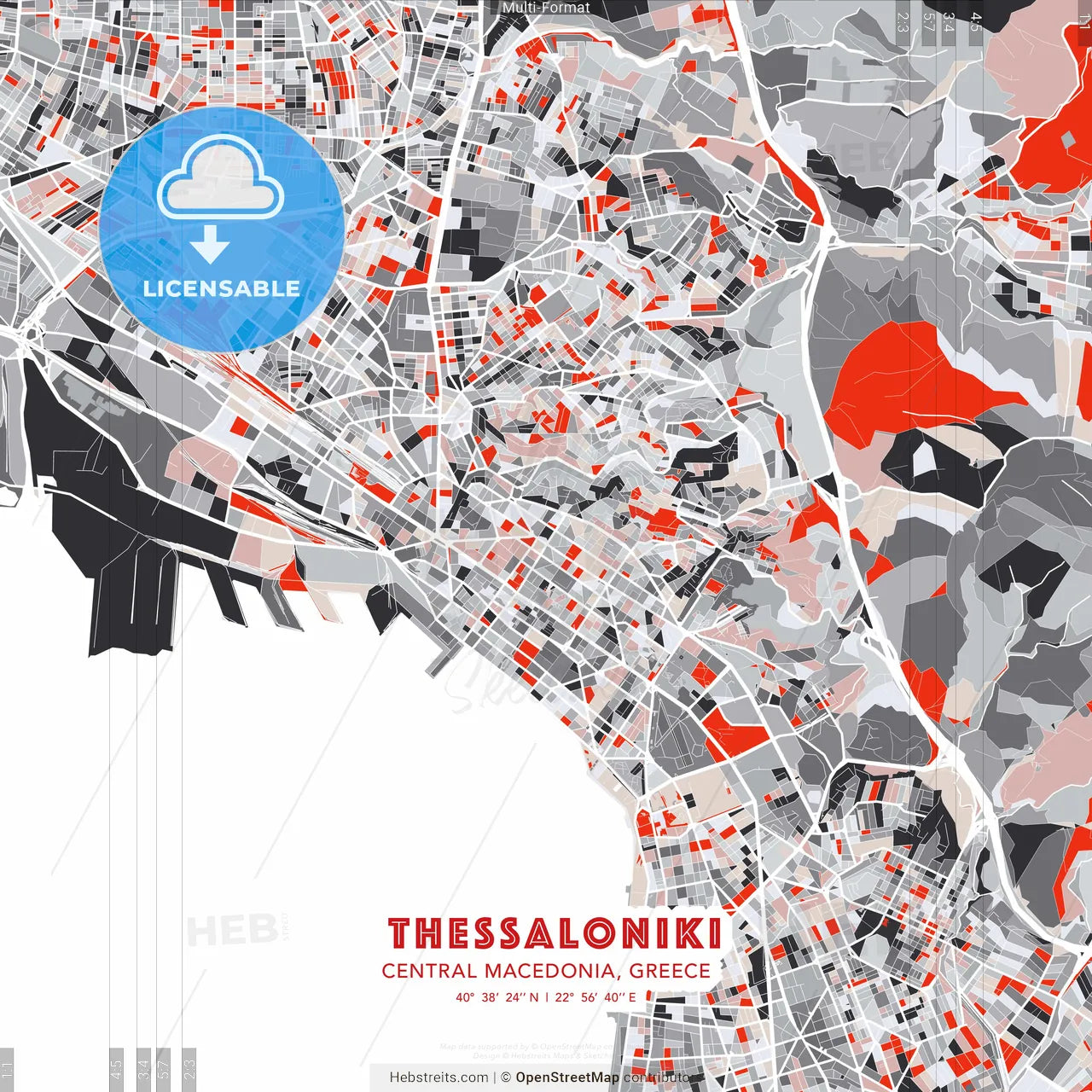 Thessaloniki, Central Macedonia, Greece - modern street map poster template with gray and red tones