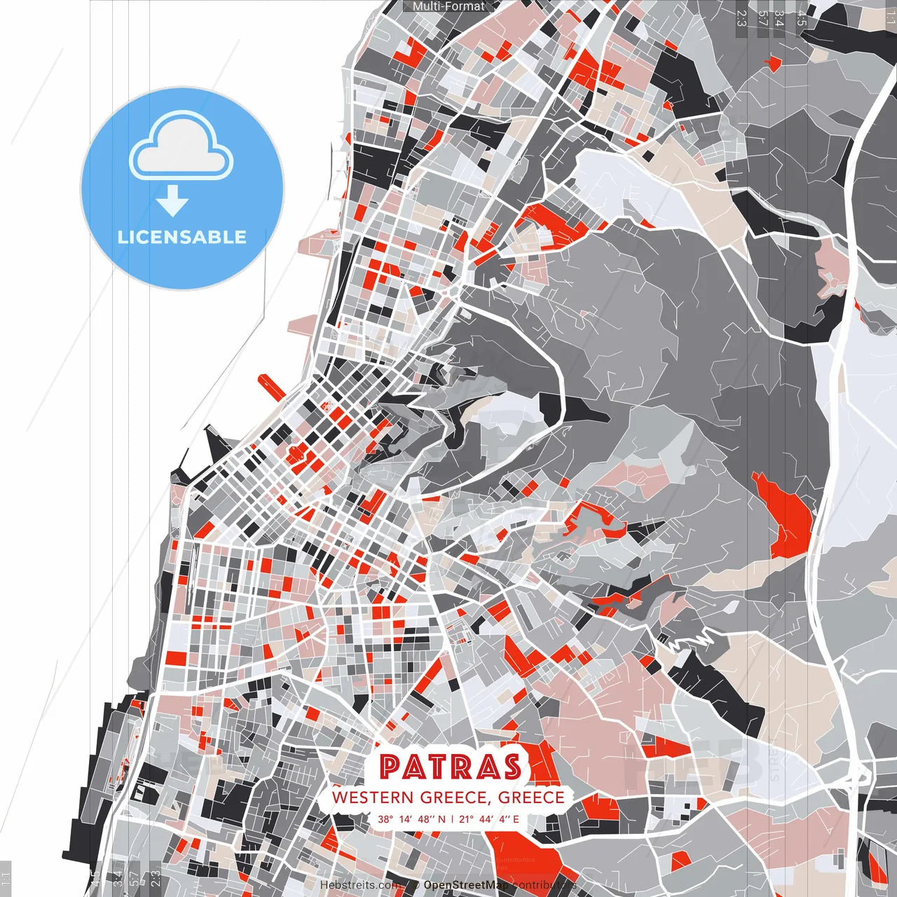 Patras, Western Greece, Greece - modern street map poster template with gray and red tones