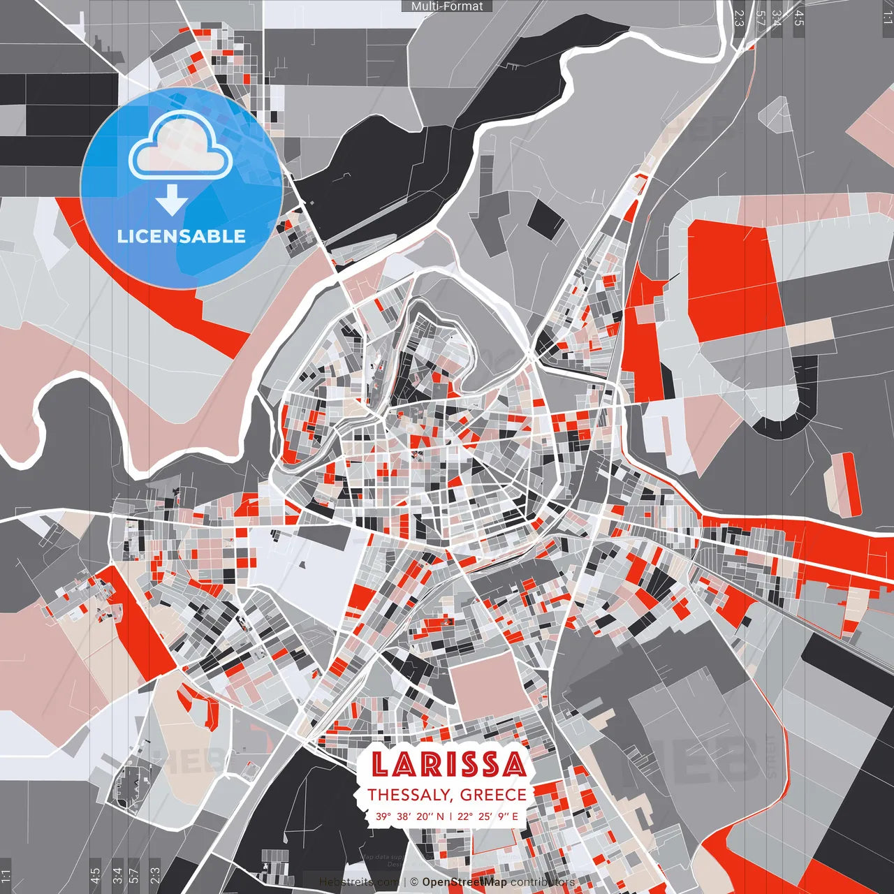 Larissa, Thessaly, Greece - modern street map poster template with gray and red tones