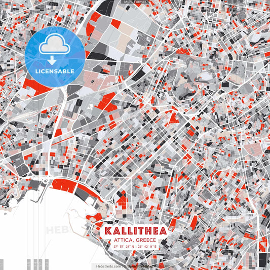 Kallithea, Attica, Greece - modern street map poster template with gray and red tones