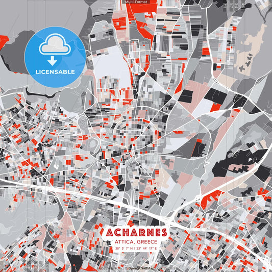 Acharnes, Attica, Greece - modern street map poster template with gray and red tones