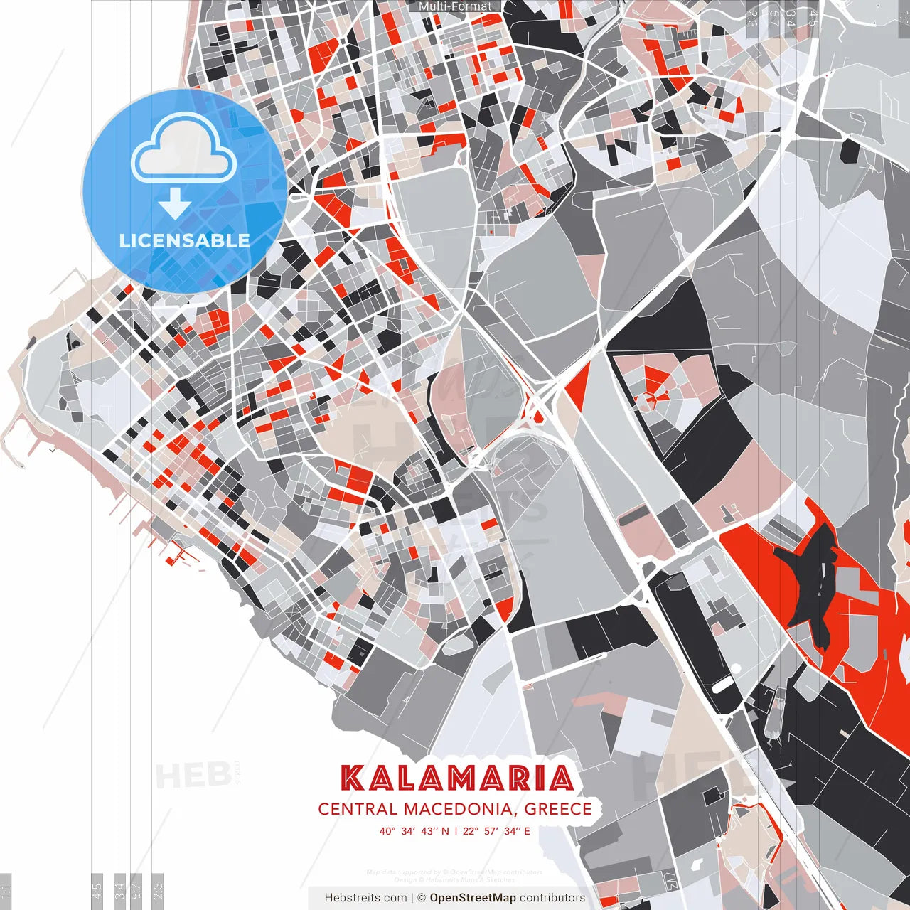 Kalamaria, Central Macedonia, Greece - modern street map poster template with gray and red tones