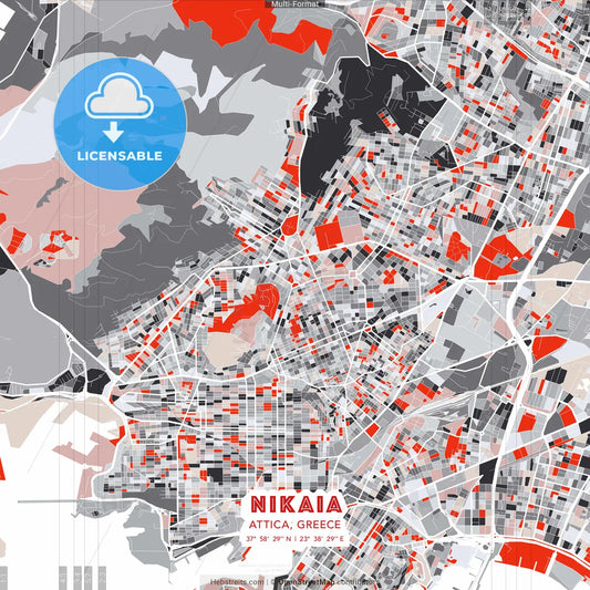 Nikaia, Attica, Greece - modern street map poster template with gray and red tones