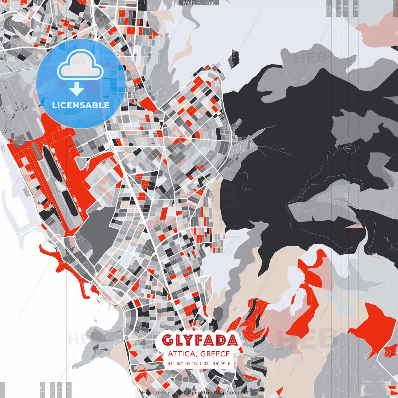 Glyfada, Attica, Greece - modern street map poster template with gray and red tones