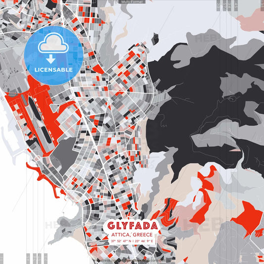 Glyfada, Attica, Greece - modern street map poster template with gray and red tones