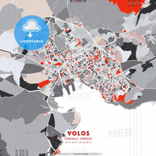 Volos, Thessaly, Greece - modern street map poster template with gray and red tones
