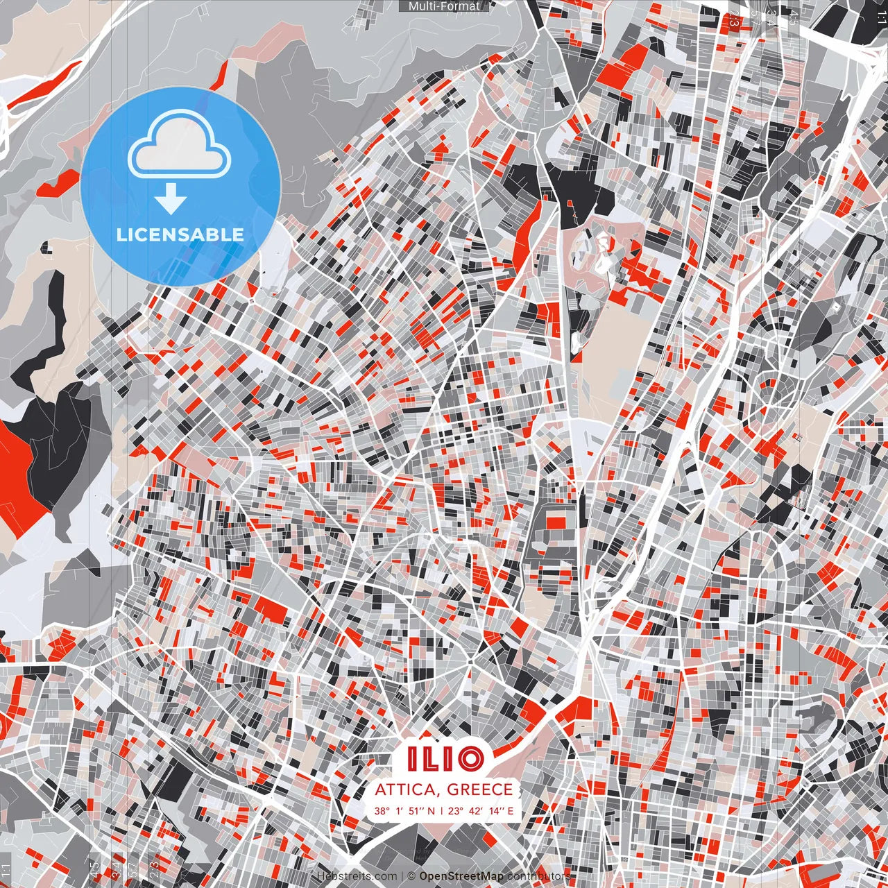 Ilio, Attica, Greece - modern street map poster template with gray and red tones