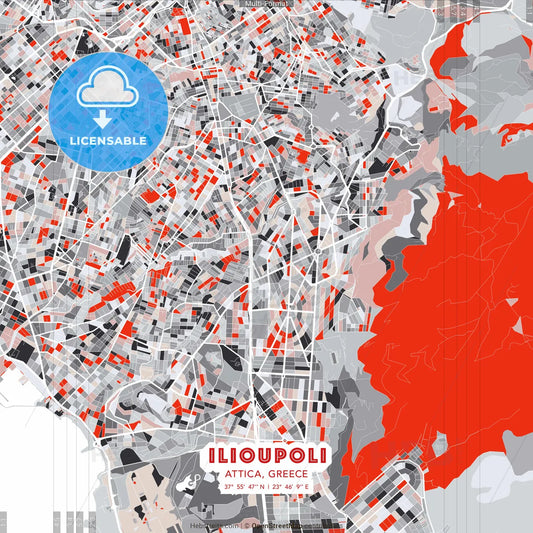 Ilioupoli, Attica, Greece - modern street map poster template with gray and red tones