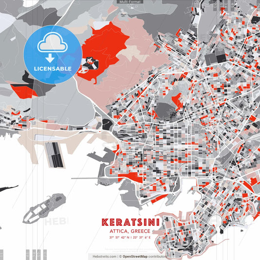 Keratsini, Attica, Greece - modern street map poster template with gray and red tones