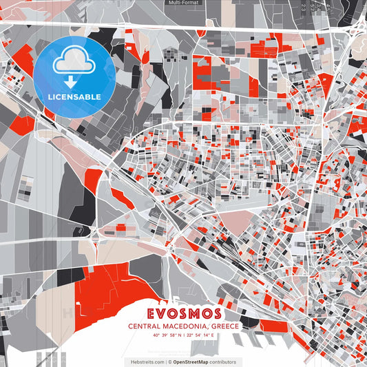 Evosmos, Central Macedonia, Greece - modern street map poster template with gray and red tones