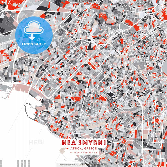 Nea Smyrni, Attica, Greece - modern street map poster template with gray and red tones
